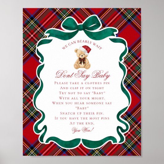 Red Tartan Plaid Christmas Bear Dont Say Baby Game ポスター (正面)