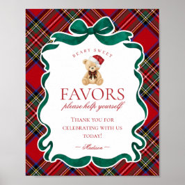 Red Tartan Plaid Christmas Bear Party Favor Sign ポスター
