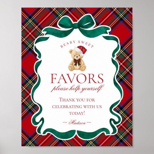 Red Tartan Plaid Christmas Bear Party Favor Sign ポスター (正面)