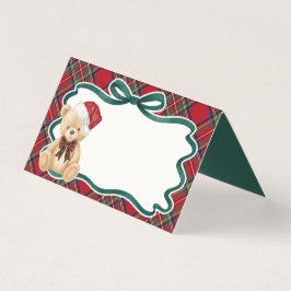 Red Tartan Plaid Christmas Bear Table Place Card
