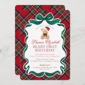 Red Tartan Plaid Christmas Beary First Birthday 招待状 (正面/裏面)