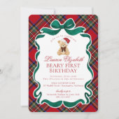 Red Tartan Plaid Christmas Beary First Birthday 招待状 (正面)