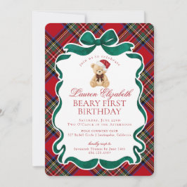 Red Tartan Plaid Christmas Beary First Birthday 招待状