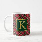 Red Tartan Plaid Gold Monogram コーヒーマグカップ (左)