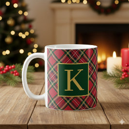 Red Tartan Plaid Gold Monogram コーヒーマグカップ