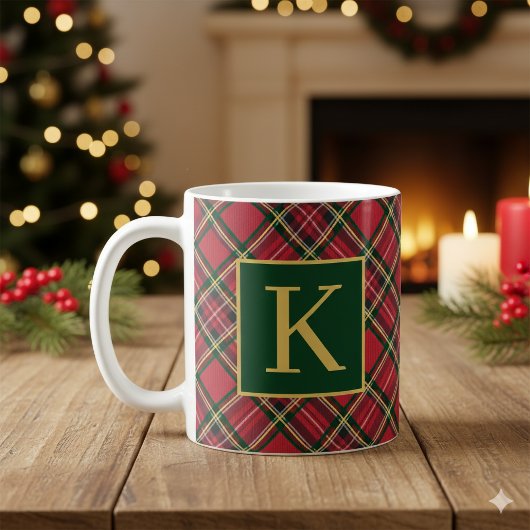 Red Tartan Plaid Gold Monogram コーヒーマグカップ