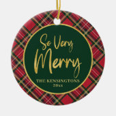 Red Tartan Plaid Gold Script Christmas セラミックオーナメント (正面)