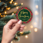 Red Tartan Plaid Gold Script Merry Christmas ラウンドシール