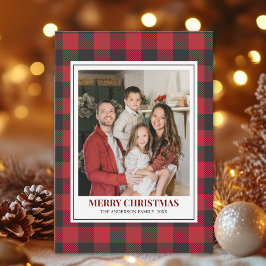 Red Tartan Plaid with Christmas Family Photo シーズンカード