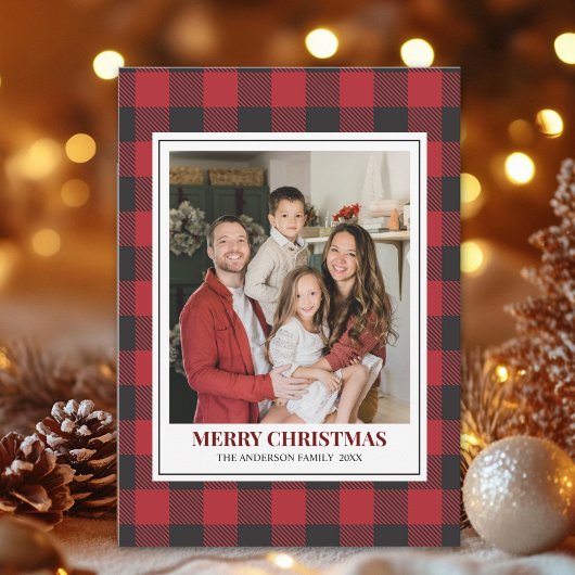Red Tartan Plaid with Christmas Family Photo シーズンカード