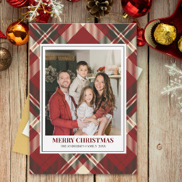 Red Tartan Plaid with Christmas Family Photo シーズンカード