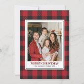 Red Tartan Plaid with Christmas Family Photo シーズンカード (正面)