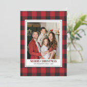 Red Tartan Plaid with Christmas Family Photo シーズンカード (スタンド正面)