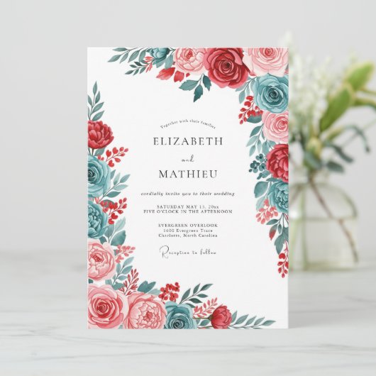 Red Teal Gracious Botanical Wedding 招待状 (スタンド正面)