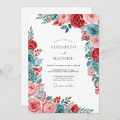 Red Teal Gracious Botanical Wedding 招待状 (正面/裏面)
