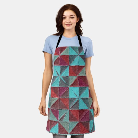 red, teal, purple, and gray quilt エプロン (着用した状態)