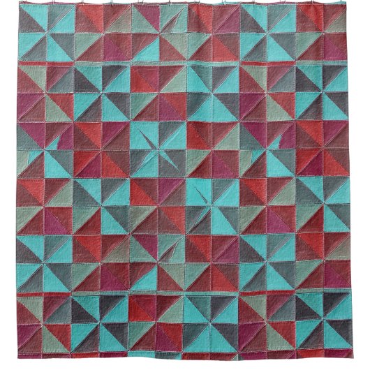 red, teal, purple, and gray quilt シャワーカーテン (正面)