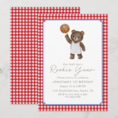 Red Teddy Rookie Year 1st Birthday Basketball 招待状 (正面/裏面)