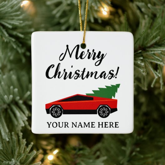Red Tesla pickup truck with Christmas tree retro セラミックオーナメント (ツリー)