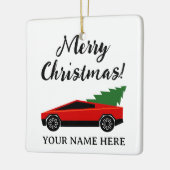 Red Tesla pickup truck with Christmas tree retro セラミックオーナメント (左)