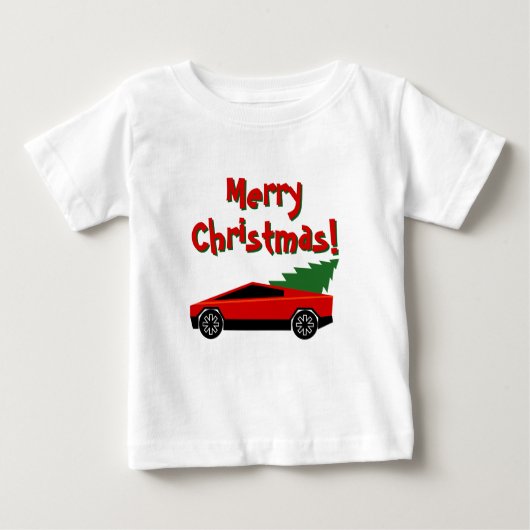 Red Tesla truck hauling a Christmas tree cute ベビーTシャツ (正面)