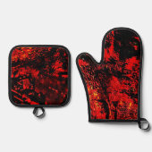 Red texture pot holder and oven mitt,Dark abstract 鍋つかみ&鍋敷きセット (正面)