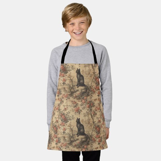 Red Toile Chinoiserie Cat Damask エプロン (着用した状態)