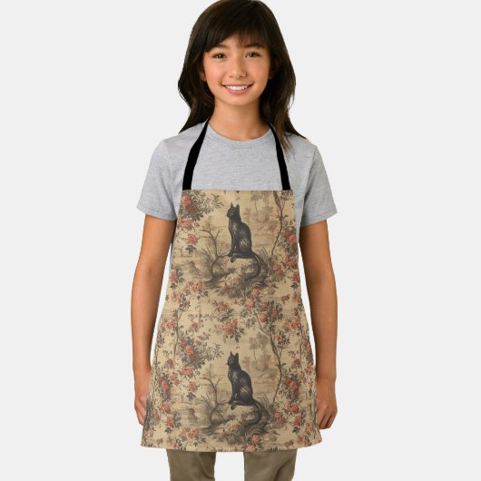 Red Toile Chinoiserie Cat Damask エプロン (インサイチュ)