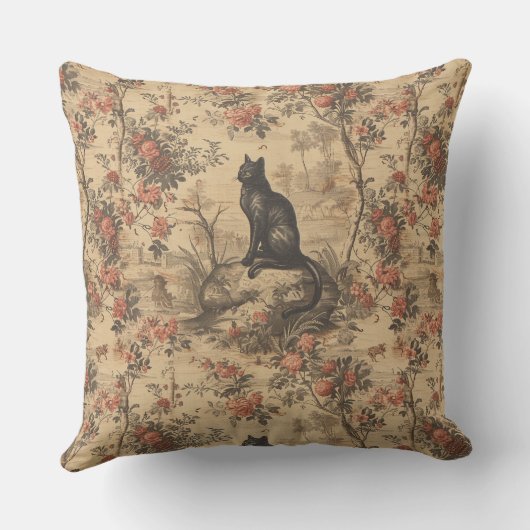 Red Toile Chinoiserie Cat Damask クッション (裏面)