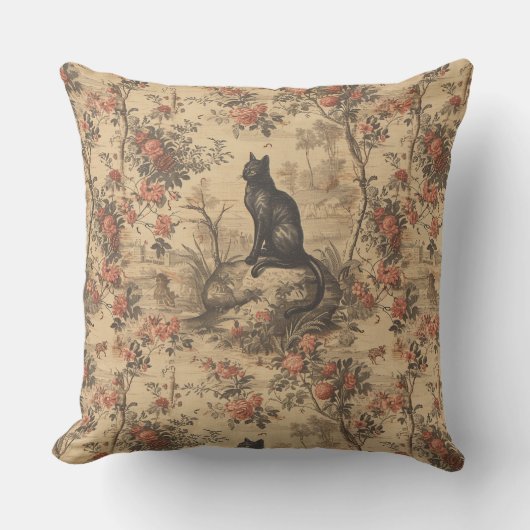 Red Toile Chinoiserie Cat Damask クッション (正面)