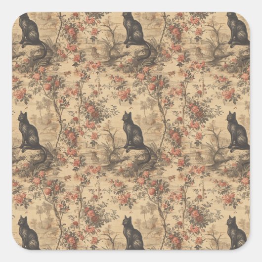 Red Toile Chinoiserie Cat Damask スクエアシール (正面)