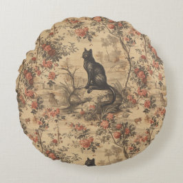 Red Toile Chinoiserie Cat Damask ラウンドクッション