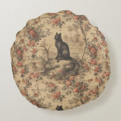 Red Toile Chinoiserie Cat Damask ラウンドクッション (裏面)