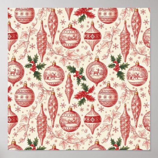 Red Toile Chinoiserie Christmas Ornaments ポスター (正面)