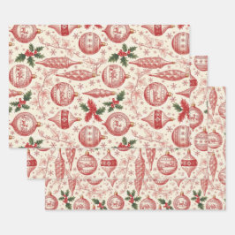 Red Toile Chinoiserie Christmas Ornaments ラッピングペーパーシート