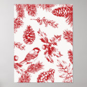  Red Toile Christmas Bird and Pine Poster ポスター (正面)