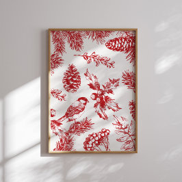  Red Toile Christmas Bird and Pine Poster ポスター