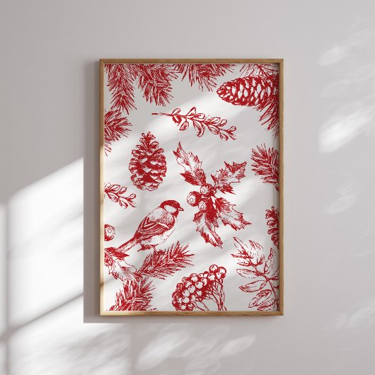  Red Toile Christmas Bird and Pine Poster ポスター