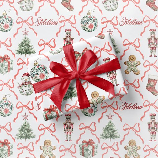 Red Toile Christmas Wrapping Paper Red Bow ラッピングペーパー