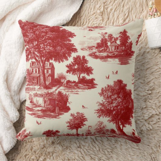 Red Toile Countryside Scene (12) クッション (ブランケット)