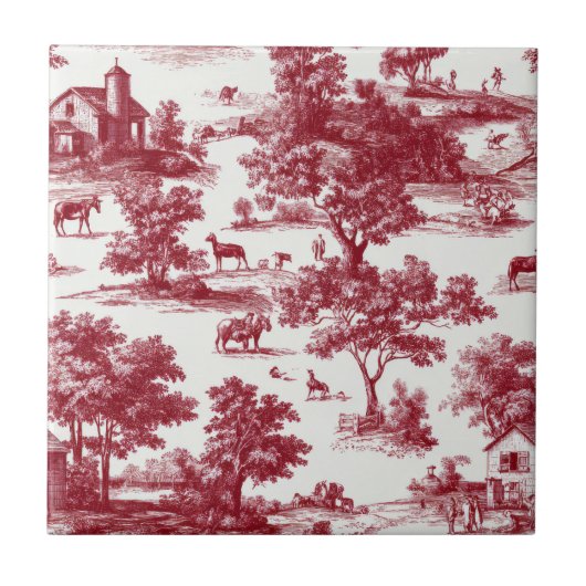 Red Toile Countryside Scene (6) タイル (正面)