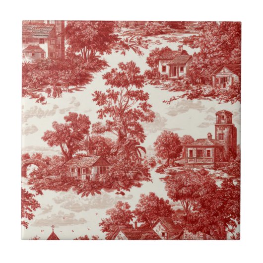Red Toile Countryside Scene (8) タイル (正面)