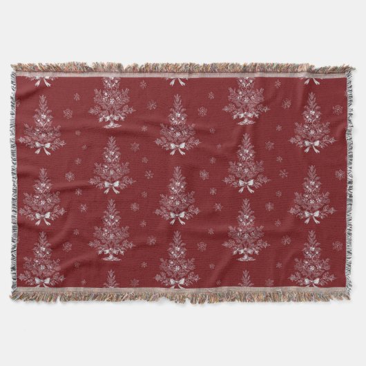 Red Toile De Jouy Coquette Christmas Foliage スローブランケット (正面)