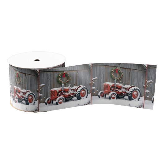 Red Tractor With Christmas Wreath グログランリボン (リール)