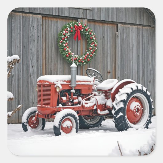 Red Tractor With Christmas Wreath スクエアシール (正面)