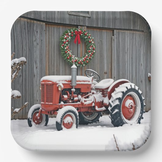 Red Tractor With Christmas Wreath ペーパープレート (正面)