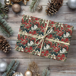 Red Traditional Christmas Floral and Pinecone  ラッピングペーパー