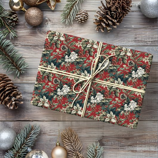 Red Traditional Christmas Floral and Pinecone  ラッピングペーパー