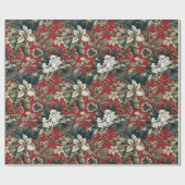 Red Traditional Christmas Floral and Pinecone  ラッピングペーパー (フラット)