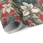 Red Traditional Christmas Floral and Pinecone  ラッピングペーパー (ロールコーナー)